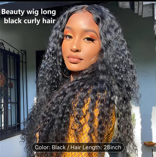 Elegant Women's 28-Inch Seamless Deep Wave Lace Front Wig